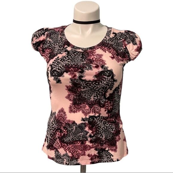 𝅺worthington Lace Floral Print‎ Short Sleeve Blouse Top-Pink/Burgundy/Black - Picture 1 of 4